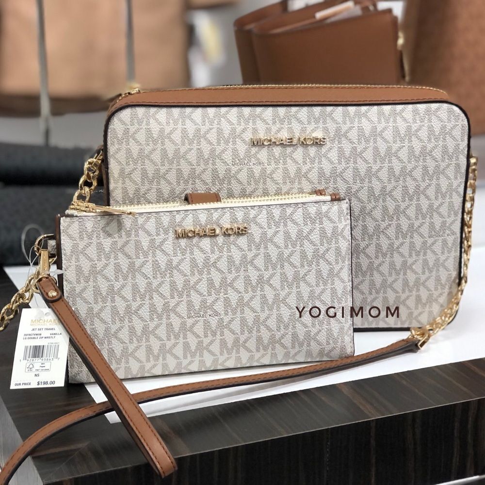 BUNDLE MICHAEL KORS Jet Set Large Vanilla MK Logo East West Xbody Phone Wallet